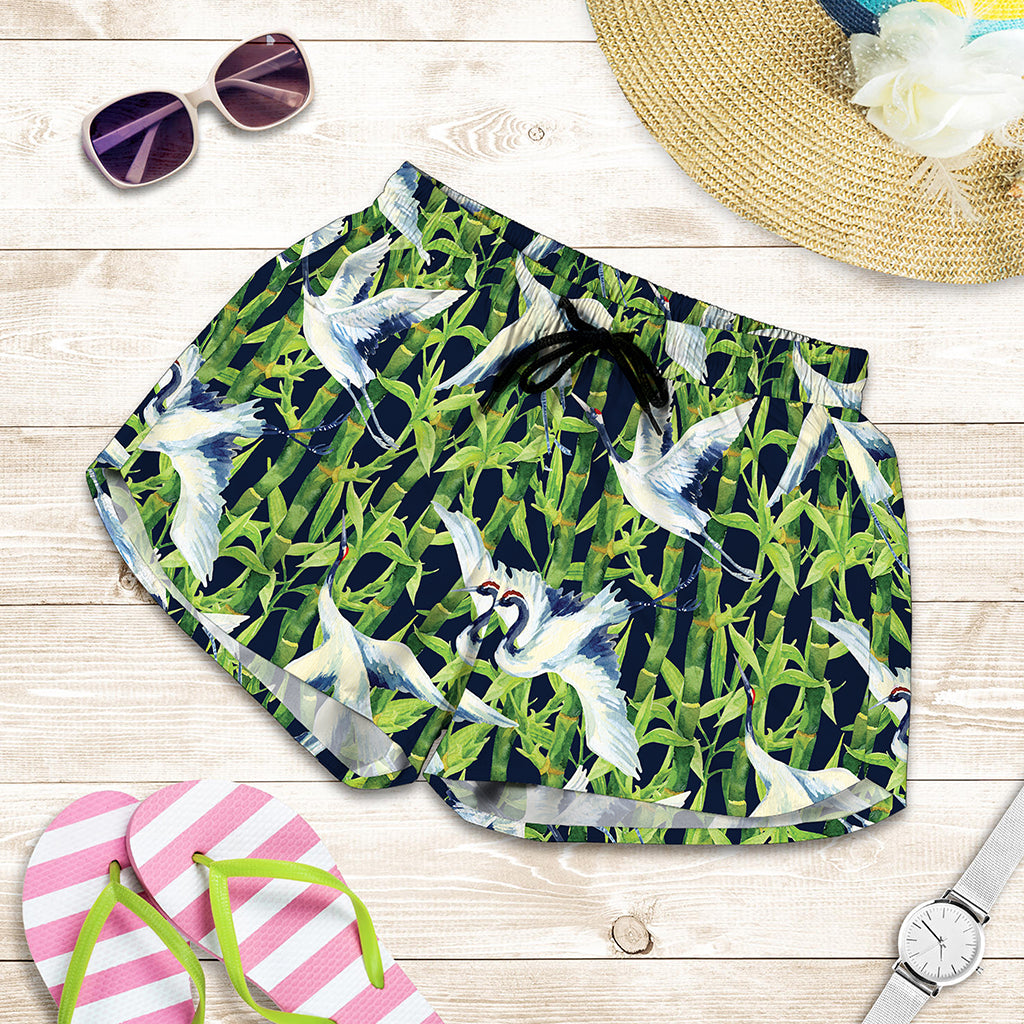 Watercolor Crane Bird Pattern Print Women's Shorts