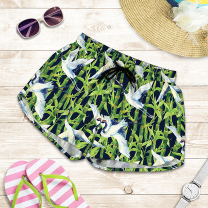 Watercolor Crane Bird Pattern Print Women's Shorts