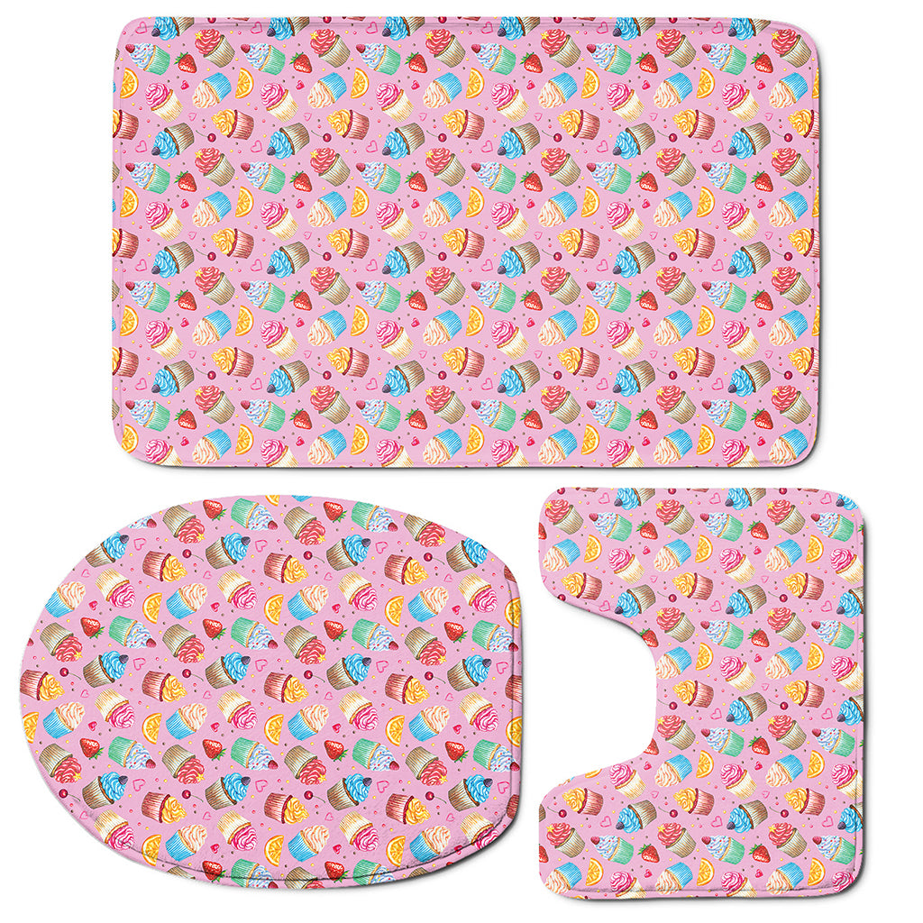 Watercolor Cupcake Pattern Print 3 Piece Bath Mat Set