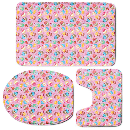 Watercolor Cupcake Pattern Print 3 Piece Bath Mat Set