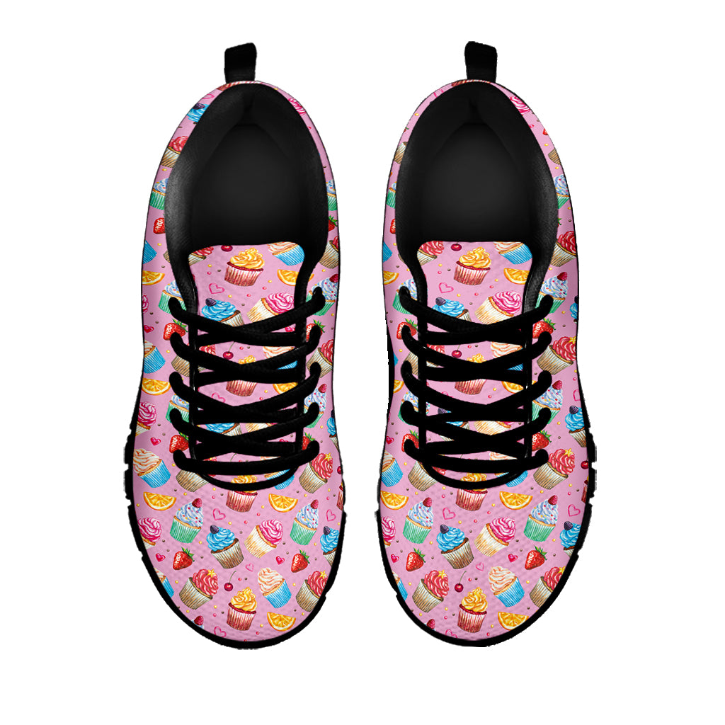 Watercolor Cupcake Pattern Print Black Sneakers