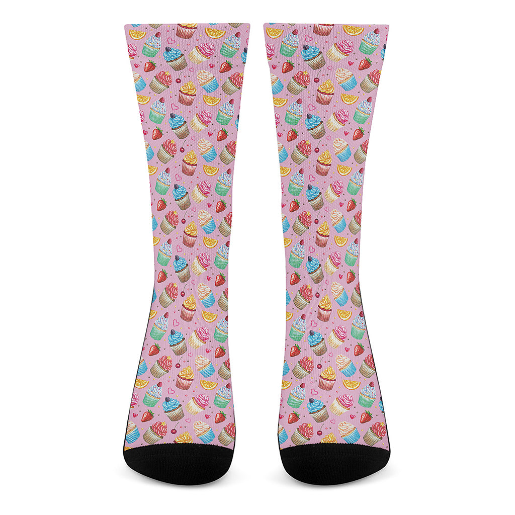 Watercolor Cupcake Pattern Print Crew Socks