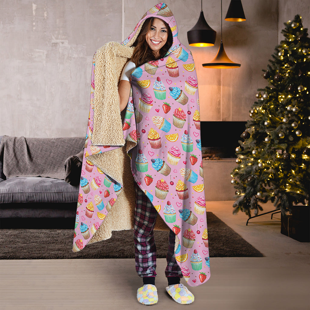 Watercolor Cupcake Pattern Print Hooded Blanket