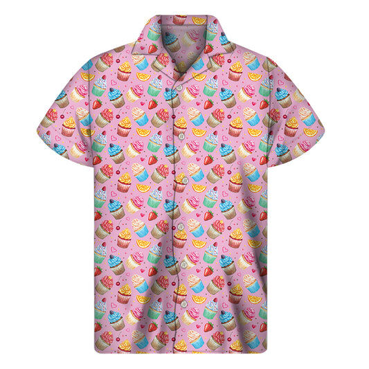 Watercolor Cupcake Pattern Print Men's Short Sleeve Shirt