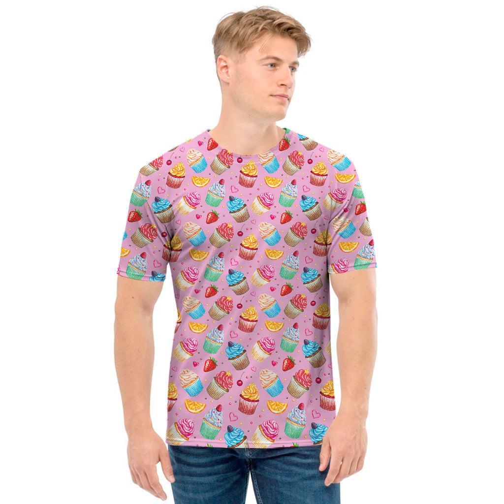 Watercolor Cupcake Pattern Print Men's T-Shirt