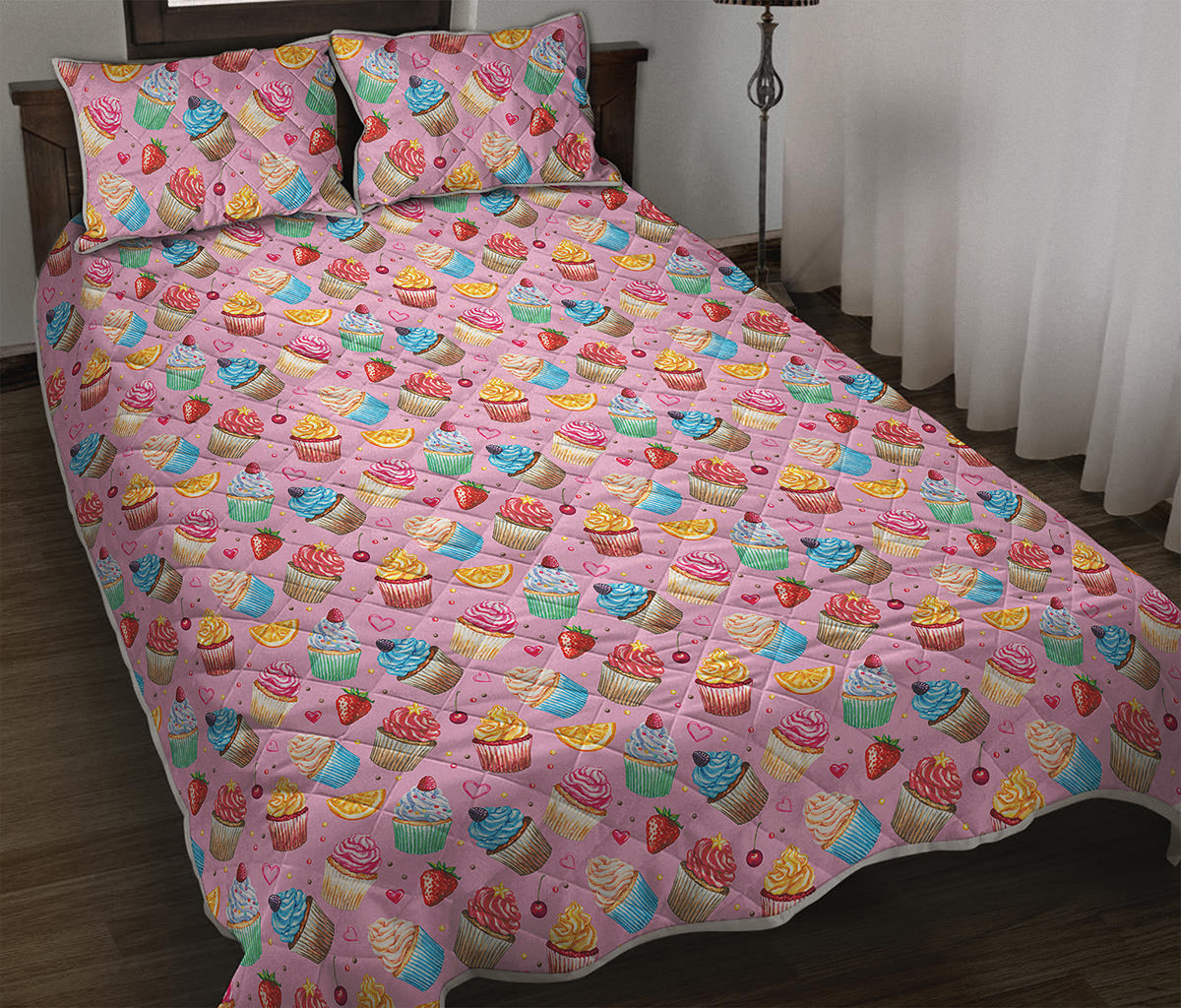 Watercolor Cupcake Pattern Print Quilt Bed Set