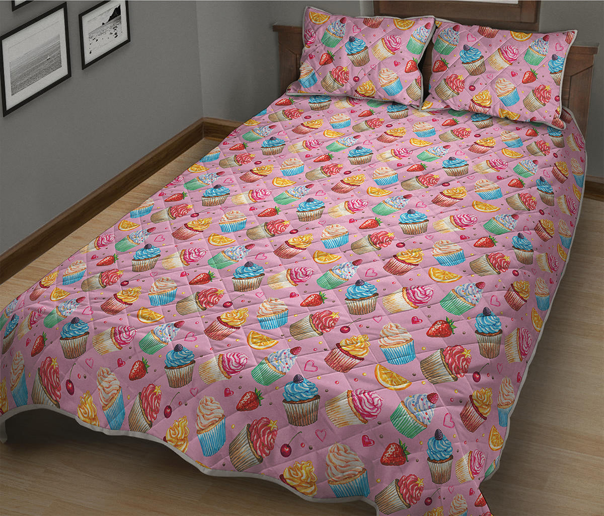 Watercolor Cupcake Pattern Print Quilt Bed Set