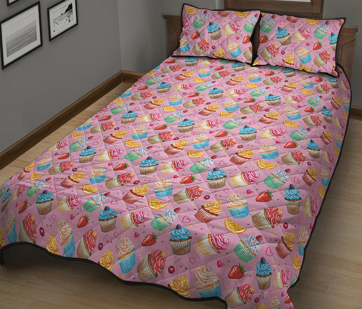 Watercolor Cupcake Pattern Print Quilt Bed Set