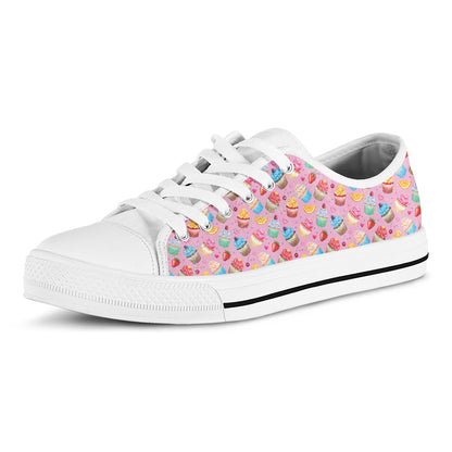 Watercolor Cupcake Pattern Print White Low Top Shoes