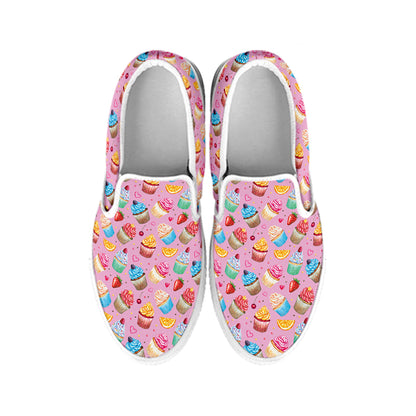 Watercolor Cupcake Pattern Print White Slip On Shoes