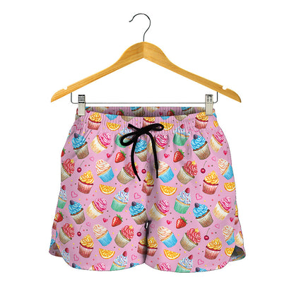 Watercolor Cupcake Pattern Print Women's Shorts