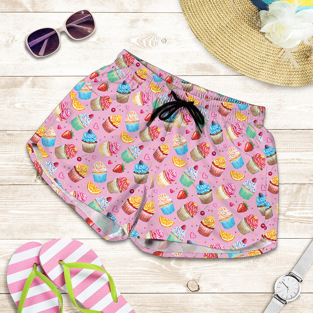 Watercolor Cupcake Pattern Print Women's Shorts