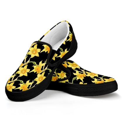 Watercolor Daffodil Flower Pattern Print Black Slip On Shoes