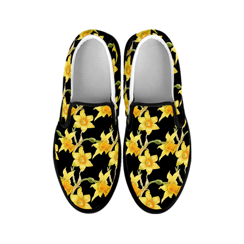 Watercolor Daffodil Flower Pattern Print Black Slip On Shoes
