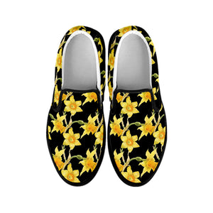 Watercolor Daffodil Flower Pattern Print Black Slip On Shoes