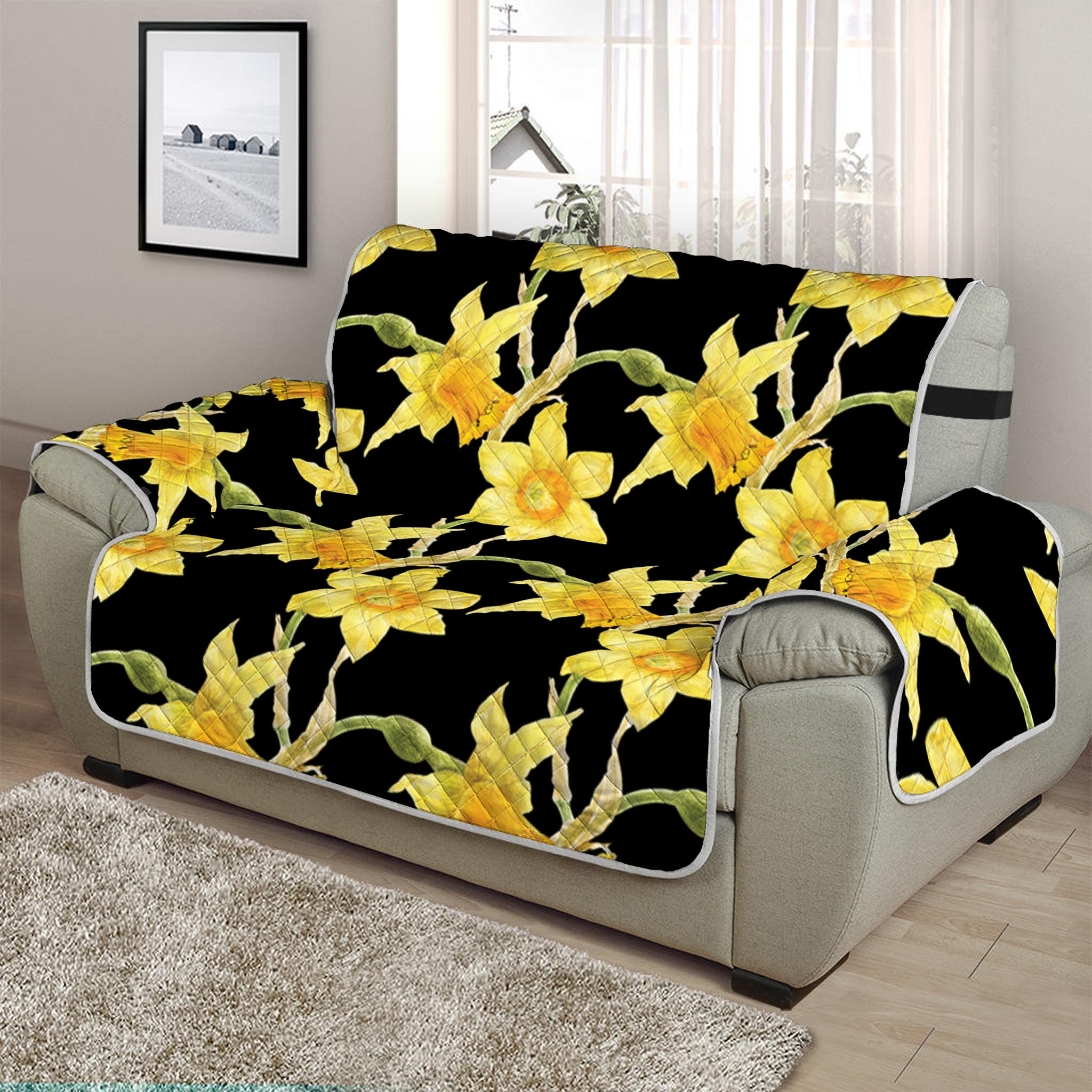 Watercolor Daffodil Flower Pattern Print Half Sofa Protector