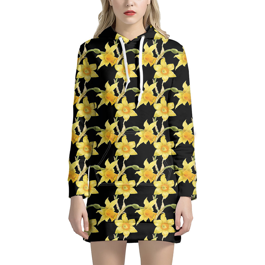 Watercolor Daffodil Flower Pattern Print Hoodie Dress