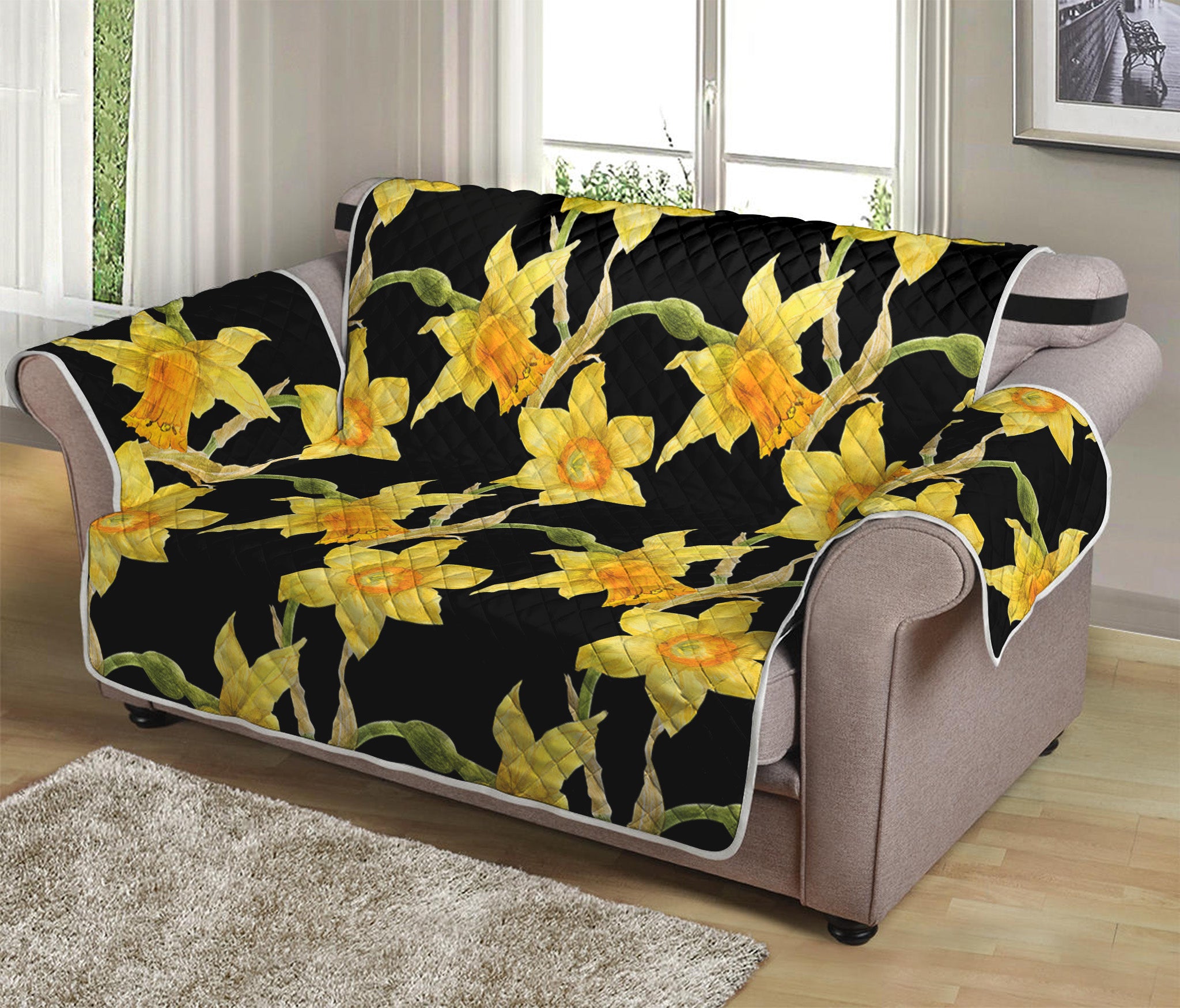 Watercolor Daffodil Flower Pattern Print Loveseat Protector