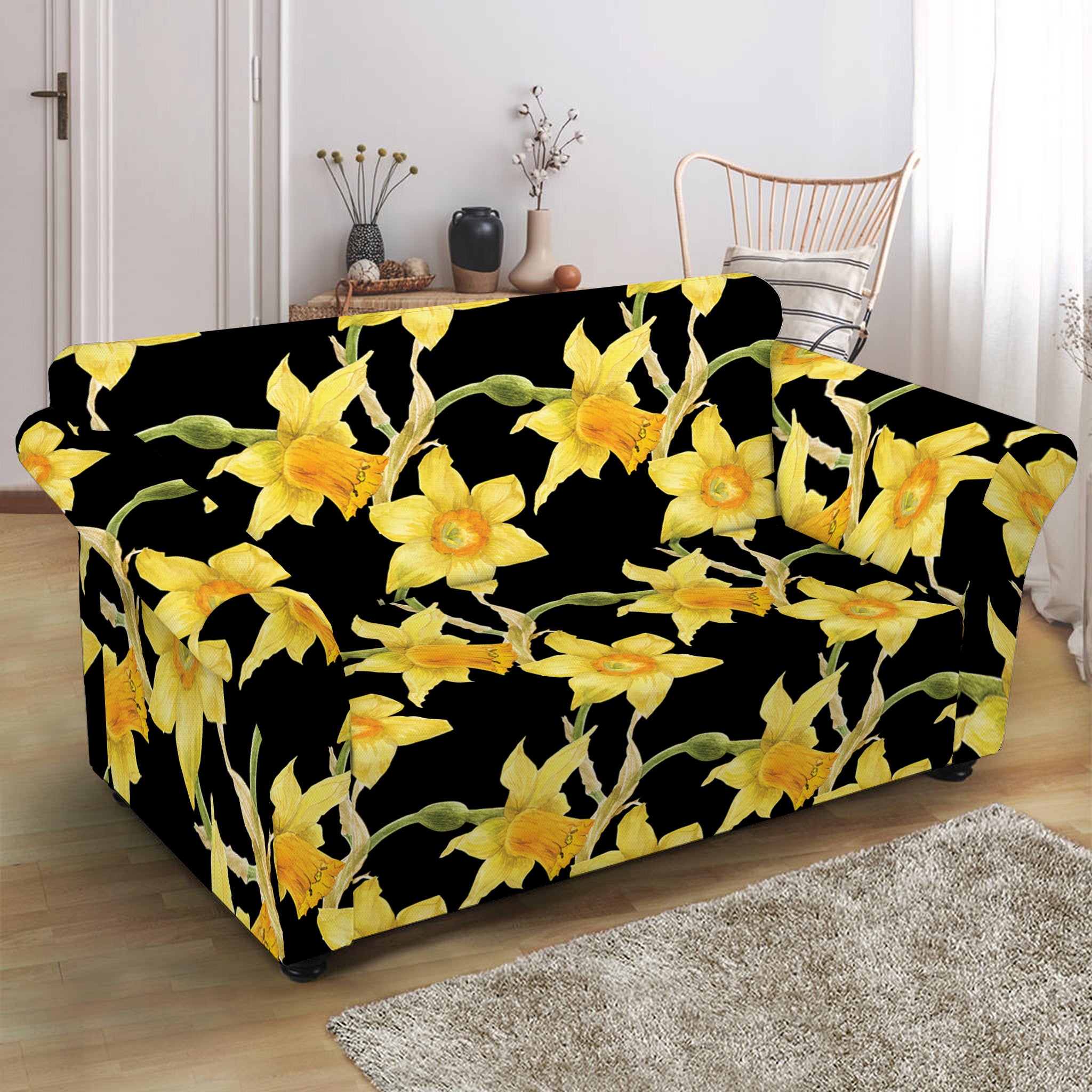 Watercolor Daffodil Flower Pattern Print Loveseat Slipcover