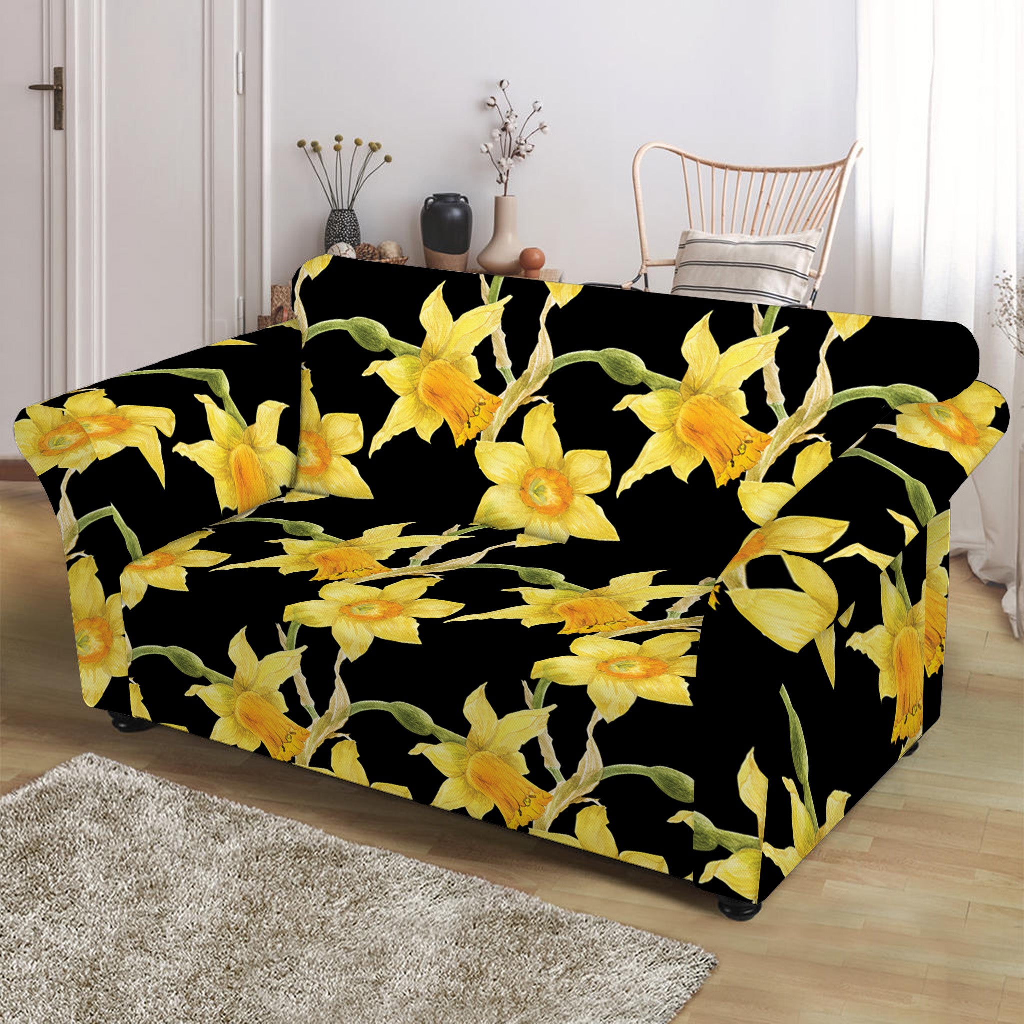 Watercolor Daffodil Flower Pattern Print Loveseat Slipcover