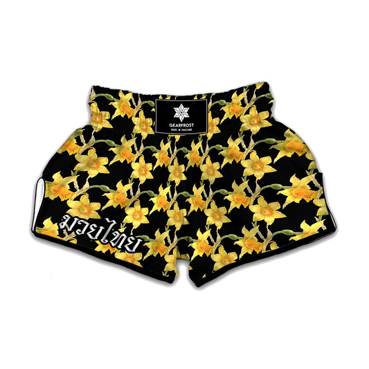 Watercolor Daffodil Flower Pattern Print Muay Thai Boxing Shorts