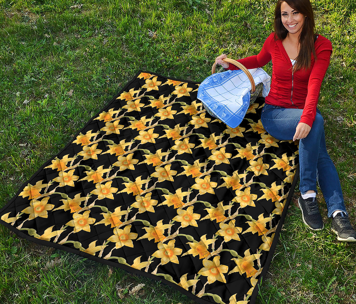 Watercolor Daffodil Flower Pattern Print Quilt
