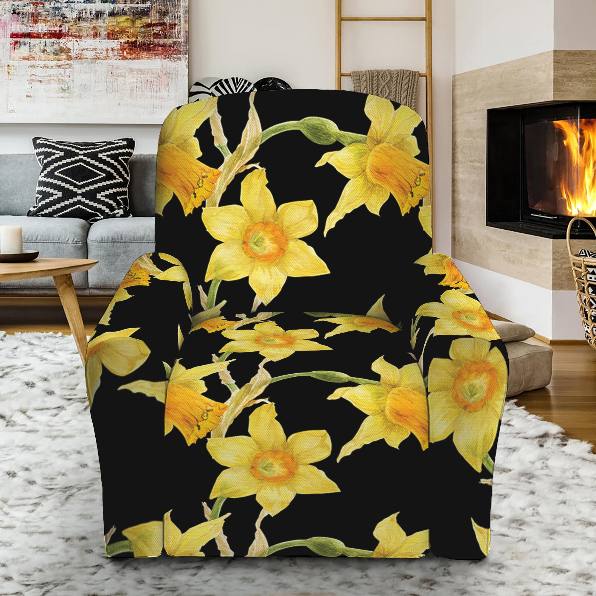 Watercolor Daffodil Flower Pattern Print Recliner Slipcover