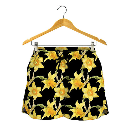 Watercolor Daffodil Flower Pattern Print Women's Shorts