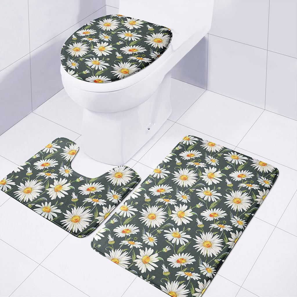 Watercolor Daisy Flower Pattern Print 3 Piece Bath Mat Set