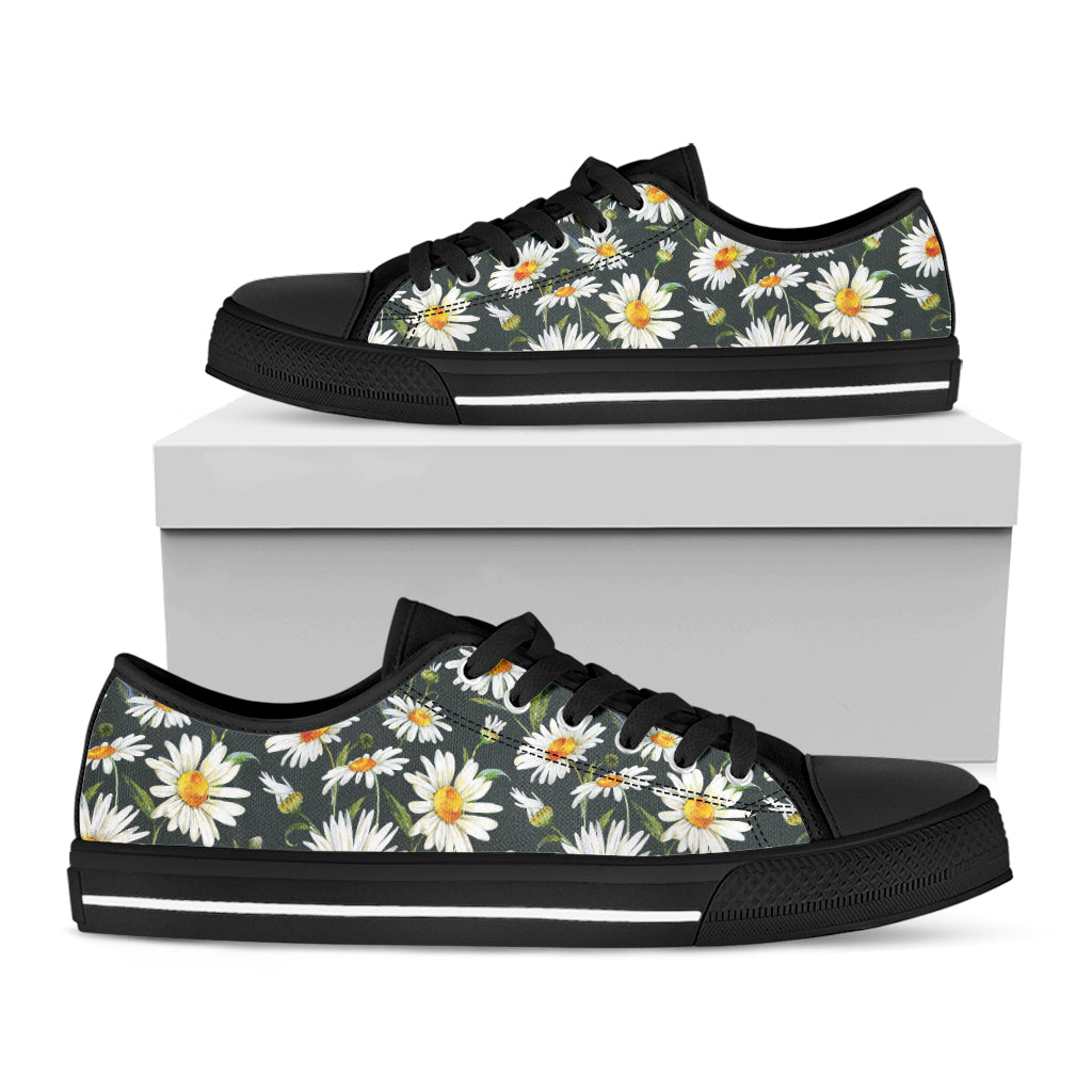 Watercolor Daisy Flower Pattern Print Black Low Top Shoes