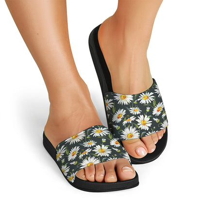 Watercolor Daisy Flower Pattern Print Black Slide Sandals