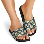 Watercolor Daisy Flower Pattern Print Black Slide Sandals