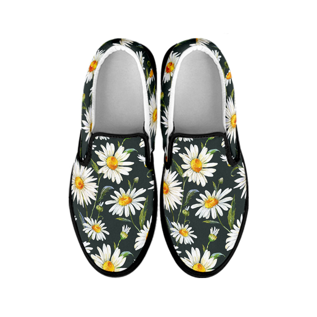 Watercolor Daisy Flower Pattern Print Black Slip On Shoes