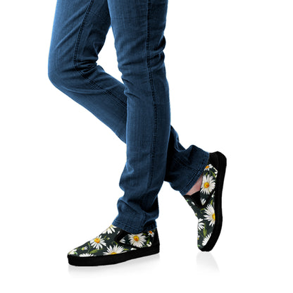 Watercolor Daisy Flower Pattern Print Black Slip On Shoes