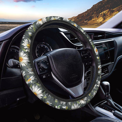 Watercolor Daisy Flower Pattern Print Car Steering Wheel Cover