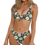 Watercolor Daisy Flower Pattern Print Front Bow Tie Bikini