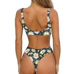 Watercolor Daisy Flower Pattern Print Front Bow Tie Bikini
