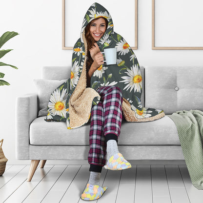Watercolor Daisy Flower Pattern Print Hooded Blanket