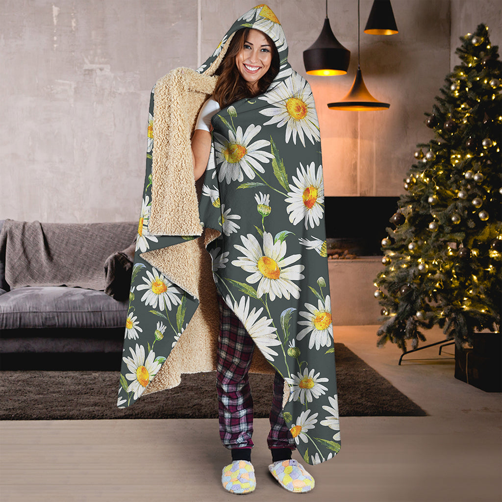 Watercolor Daisy Flower Pattern Print Hooded Blanket