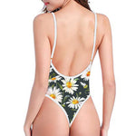 Watercolor Daisy Flower Pattern Print One Piece High Cut Swimsuit