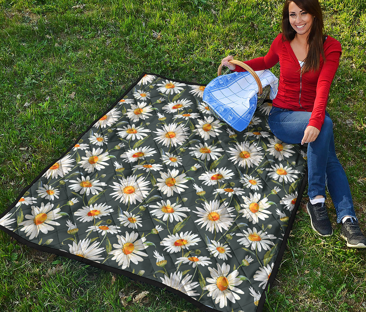Watercolor Daisy Flower Pattern Print Quilt