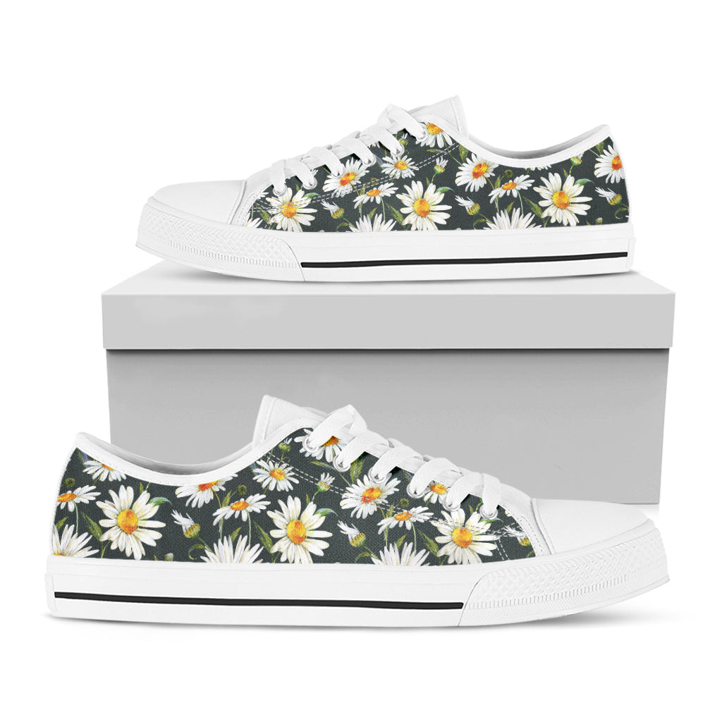 Watercolor Daisy Flower Pattern Print White Low Top Shoes