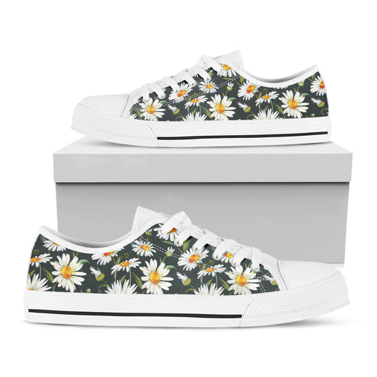 Watercolor Daisy Flower Pattern Print White Low Top Shoes
