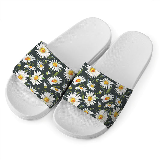 Watercolor Daisy Flower Pattern Print White Slide Sandals