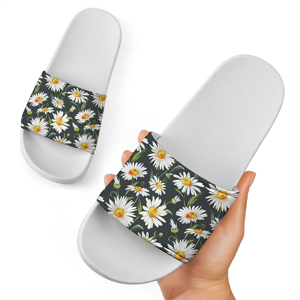 Watercolor Daisy Flower Pattern Print White Slide Sandals