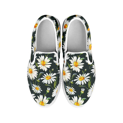 Watercolor Daisy Flower Pattern Print White Slip On Shoes