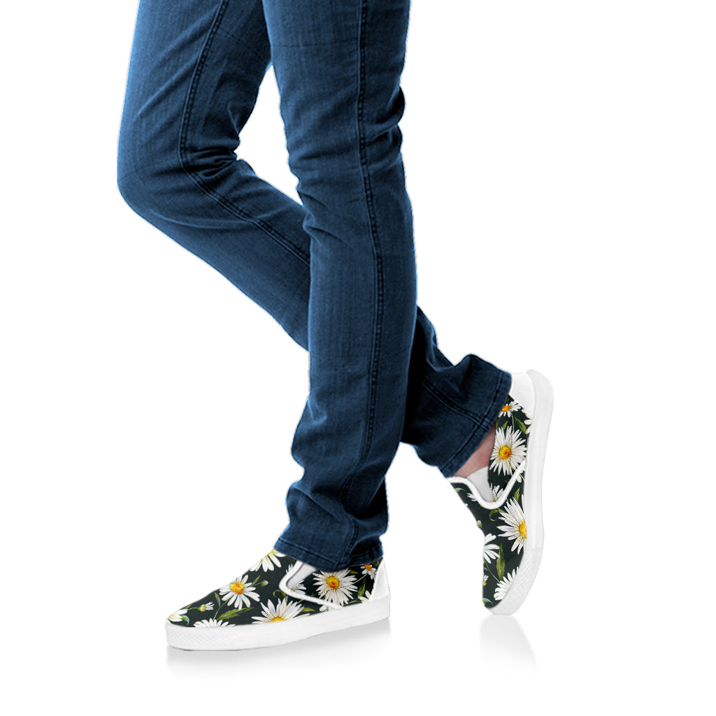 Watercolor Daisy Flower Pattern Print White Slip On Shoes