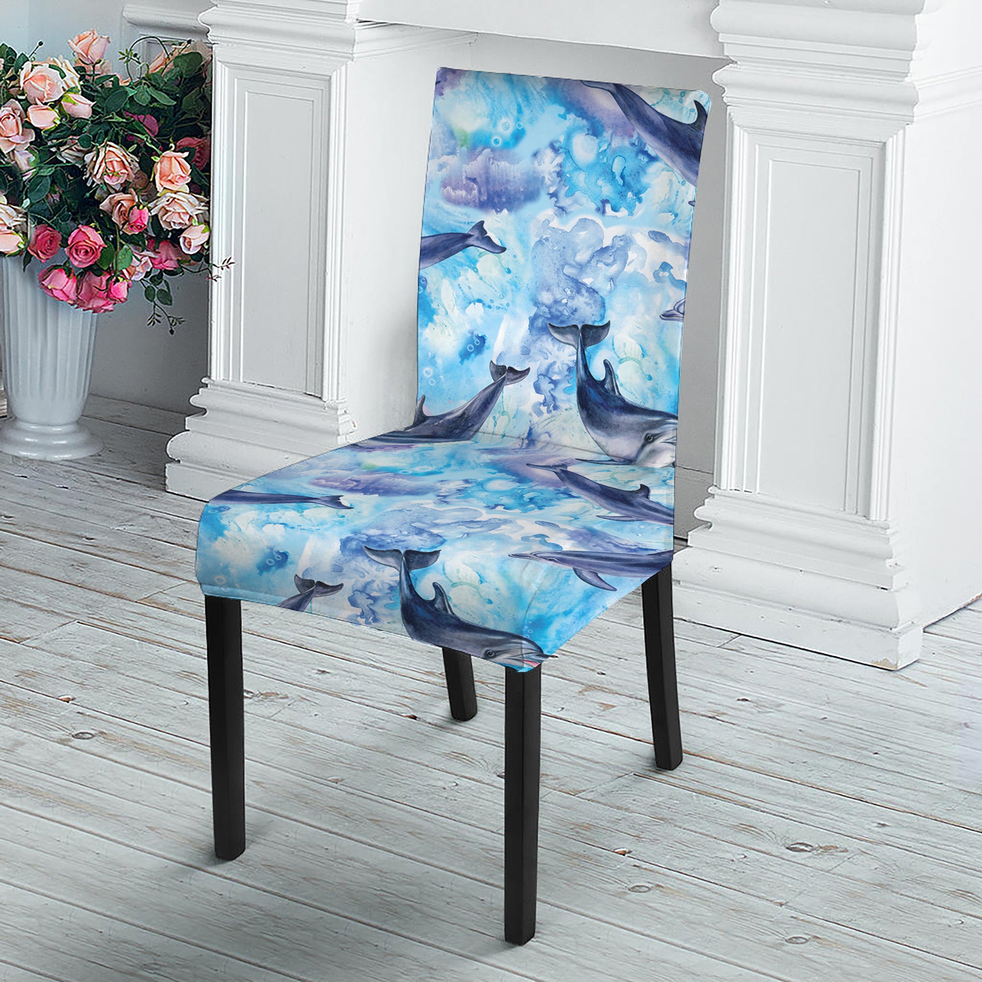 Watercolor Dolphin In The Sea Print Dining Chair Slipcover