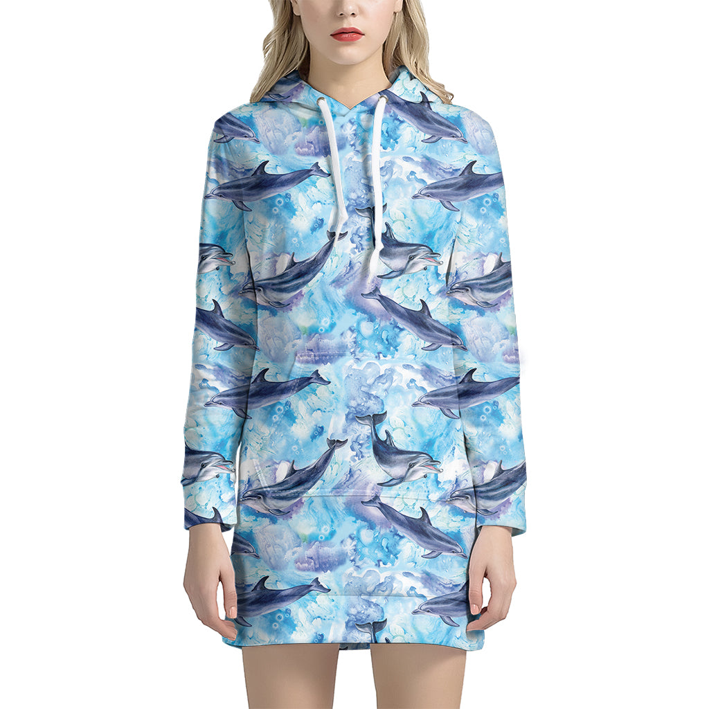 Watercolor Dolphin In The Sea Print Hoodie Dress