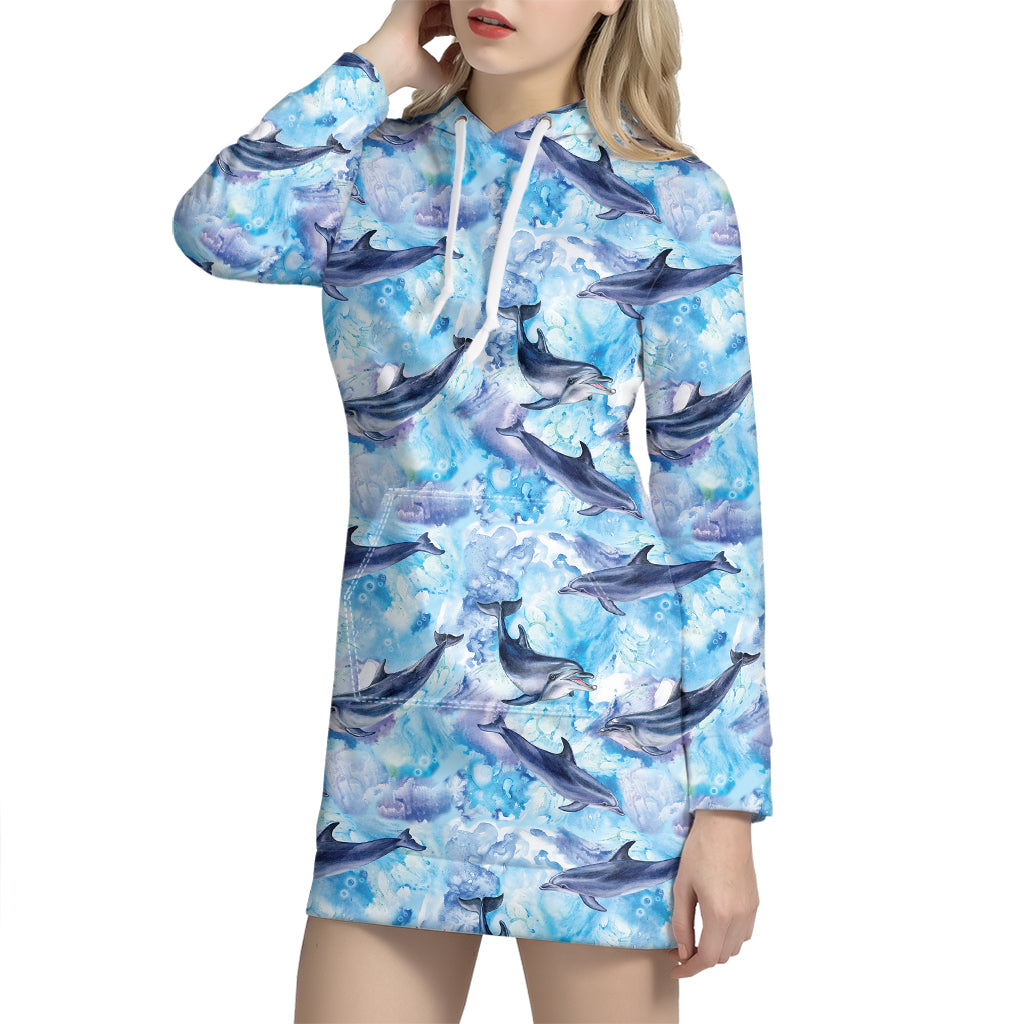 Watercolor Dolphin In The Sea Print Hoodie Dress